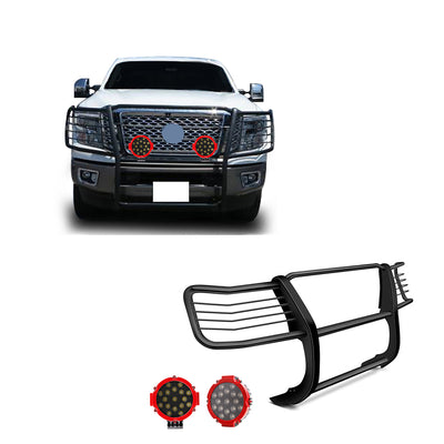 2016-2024 Nissan Titan Xd Grille Guard Kit Modular Incl. pair of 7.0"Dia.  LED  Lights w/Red Trim Rings w/ Wiring Harness and Switch | Black Horse Off Road - Image 1