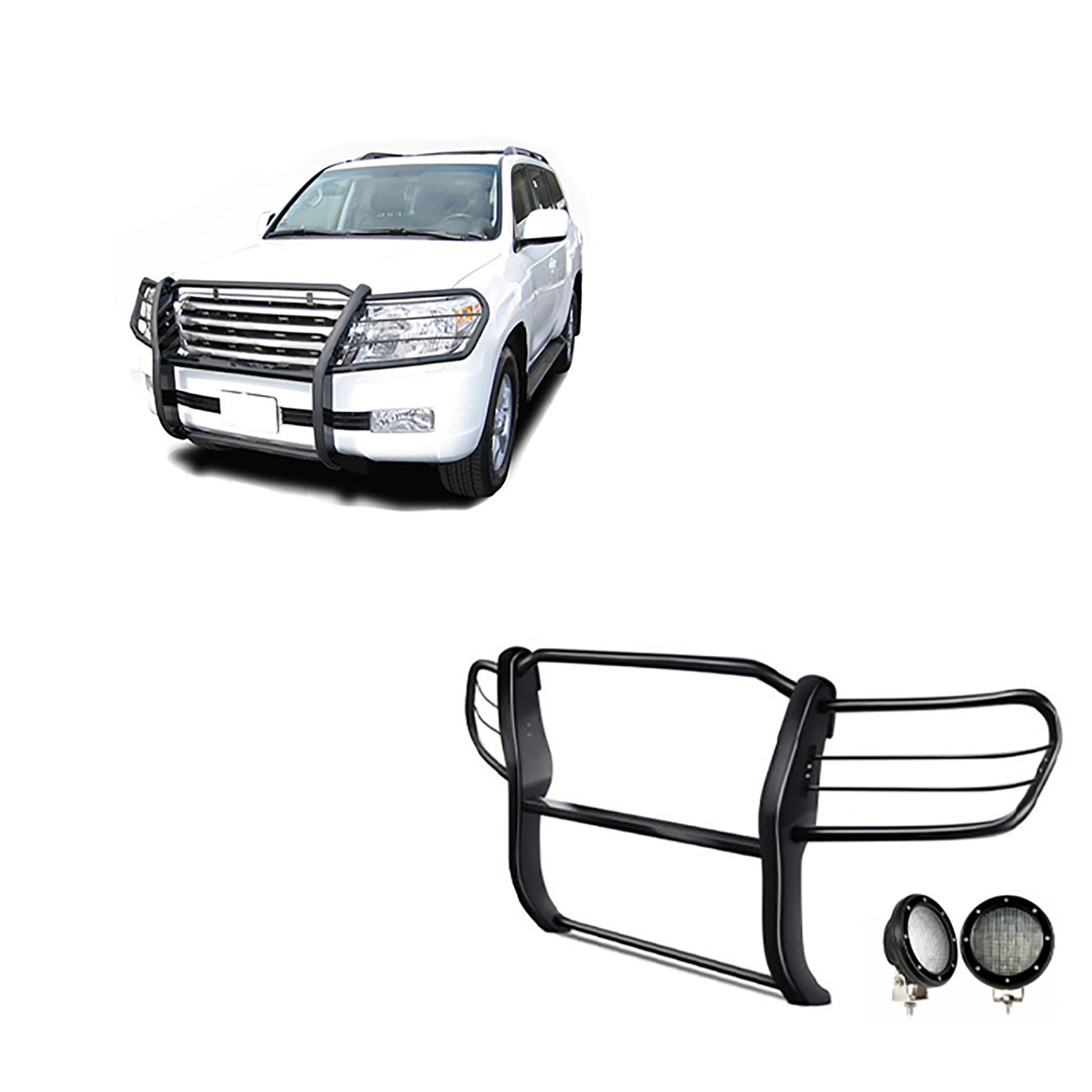 1998-2007 Toyota Land Cruiser Grille Guard Kit Modular Pair  of 5.3" Dia. LED Flood Lights w/ Black Trim Rings Wiring Harness  and Switch | Black Horse Off Road - Image 1