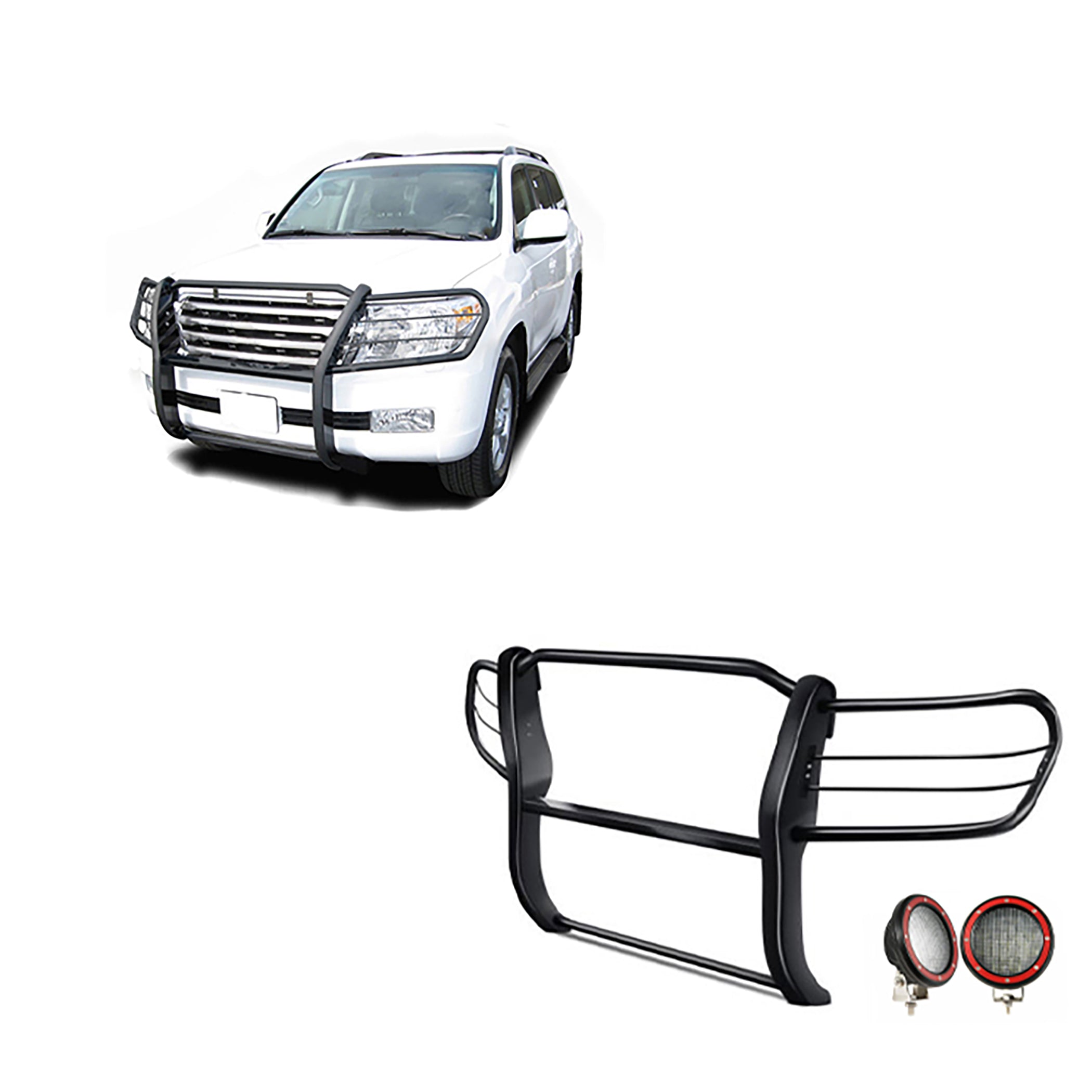 1998-2007 Toyota Land Cruiser Grille Guard Kit Modular Pair  of 5.3" Dia. LED Flood Lights w/ Red Trim Rings Wiring Harness  and Switch | Black Horse Off Road - Image 1
