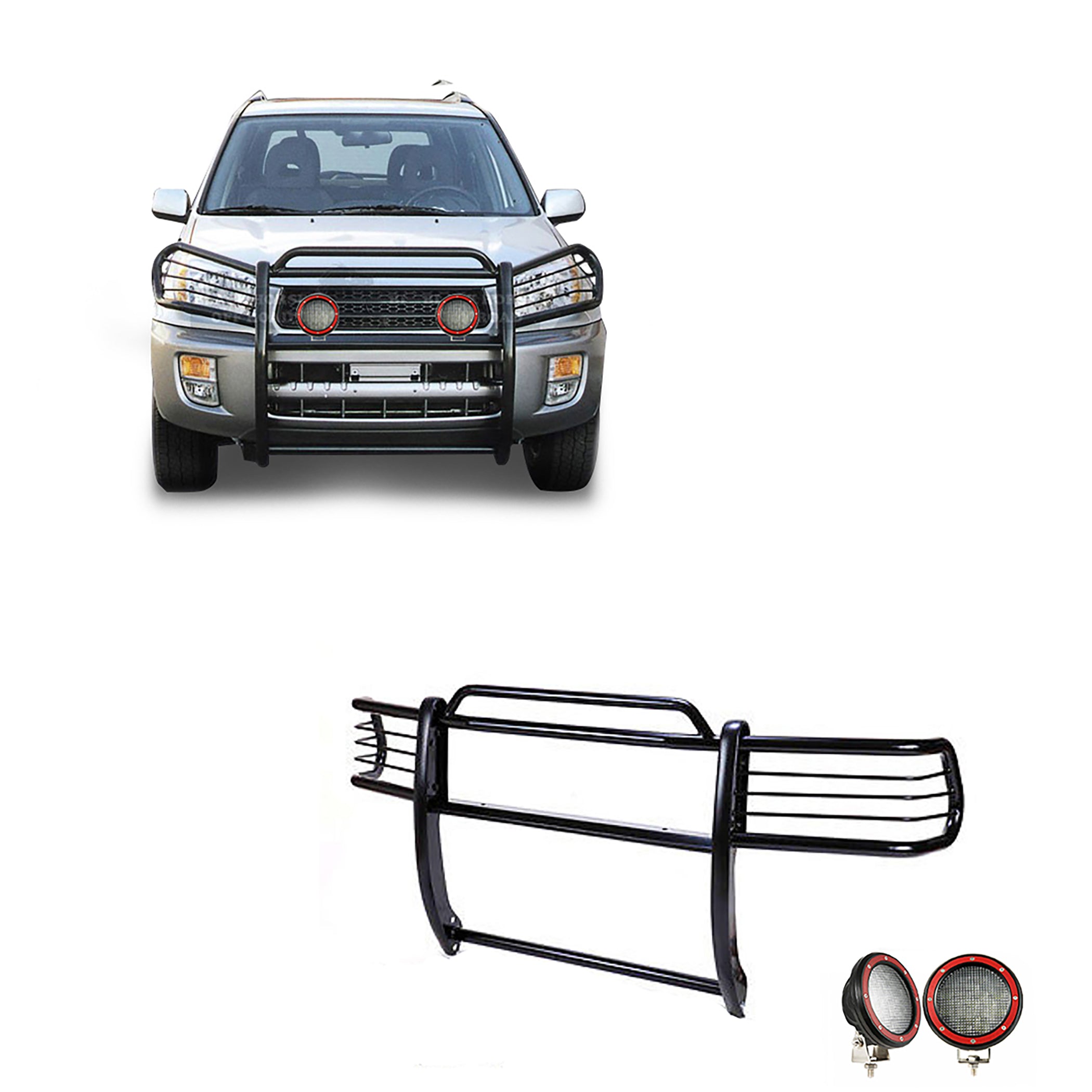 2001-2005 Toyota Rav4 Grille Guard Kit Modular Pair  of 5.3" Dia. LED Flood Lights w/ Red Trim Rings Wiring Harness  and Switch | Black Horse Off Road - Image 1