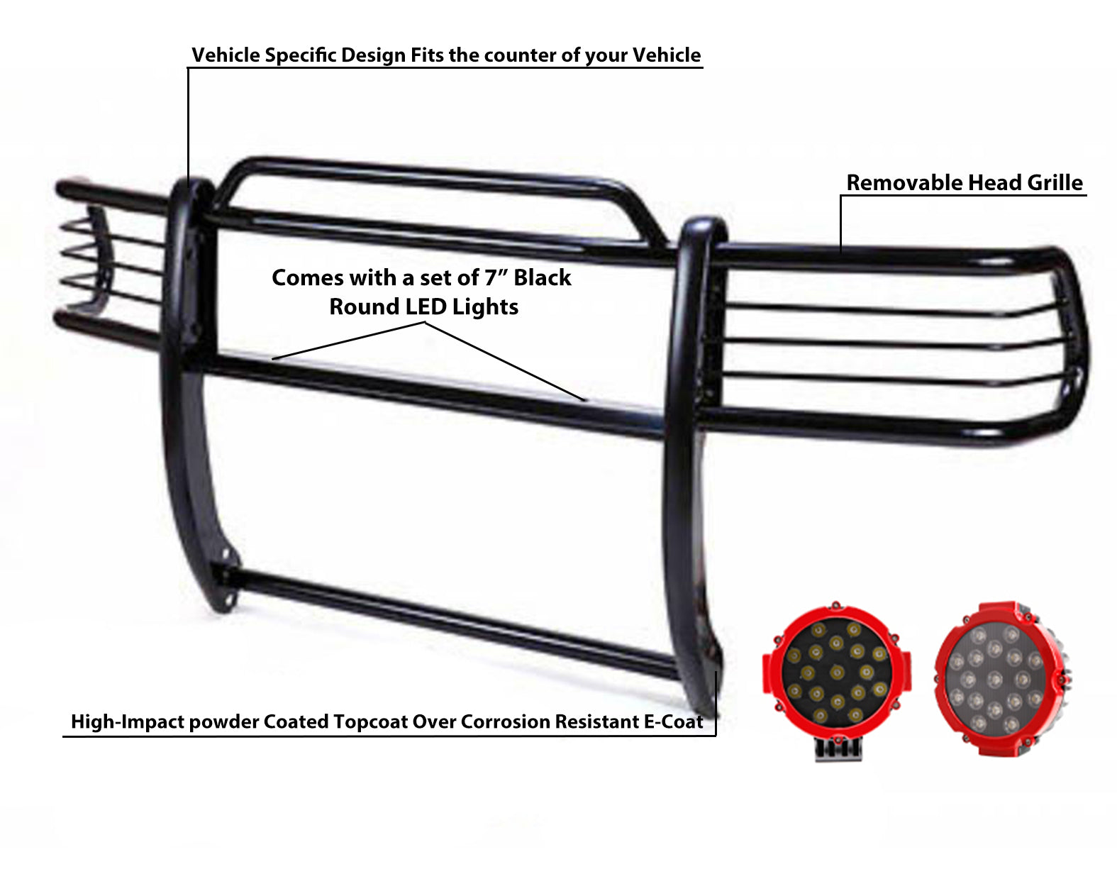 2001-2005 Toyota Rav4 Grille Guard Kit Modular Incl. pair of 7.0"Dia.  LED  Lights w/Red Trim Rings w/ Wiring Harness and Switch | Black Horse Off Road - Image 2