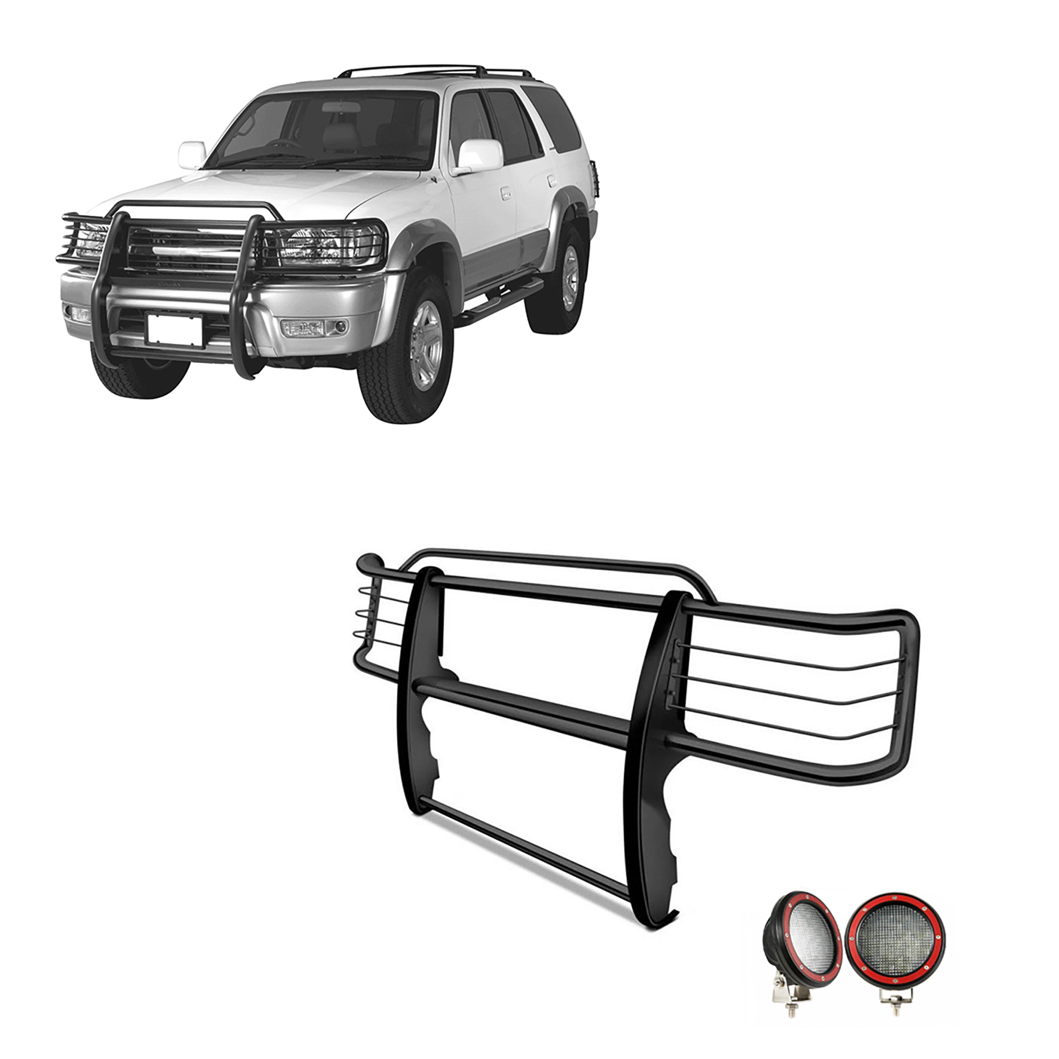 1999-2002 Toyota 4Runner Grille Guard Kit Modular Pair  of 5.3" Dia. LED Flood Lights w/ Red Trim Rings Wiring Harness  and Switch | Black Horse Off Road - Image 1