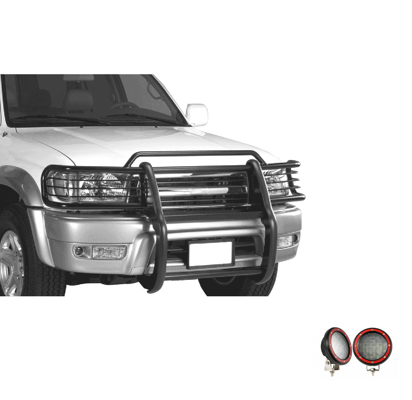 1999-2002 Toyota 4Runner Grille Guard Kit Modular Pair  of 5.3" Dia. LED Flood Lights w/ Red Trim Rings Wiring Harness  and Switch | Black Horse Off Road - Image 6