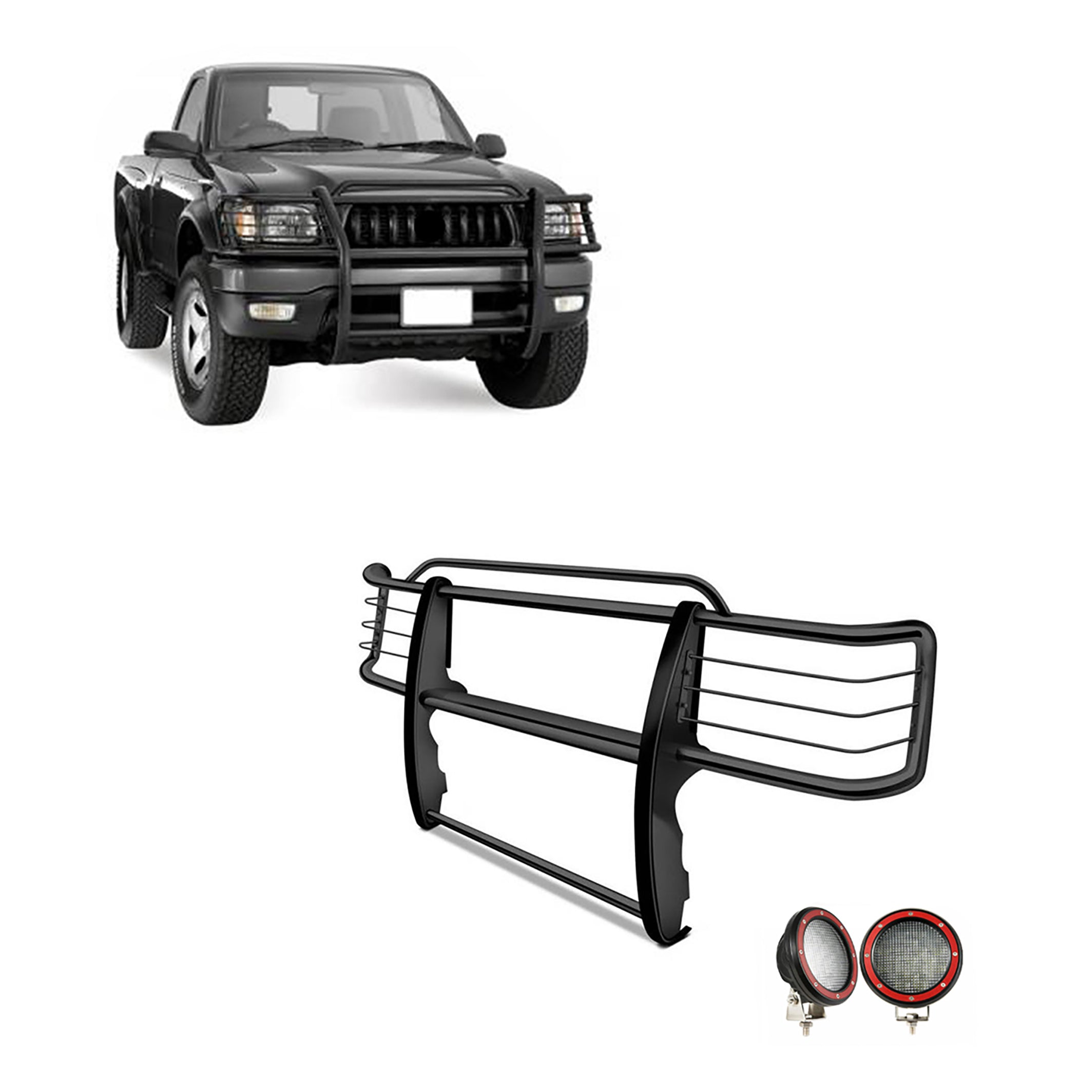 2001-2004 Toyota Tacoma Grille Guard Kit Modular Pair  of 5.3" Dia. LED Flood Lights w/ Red Trim Rings Wiring Harness  and Switch | Black Horse Off Road - Image 1