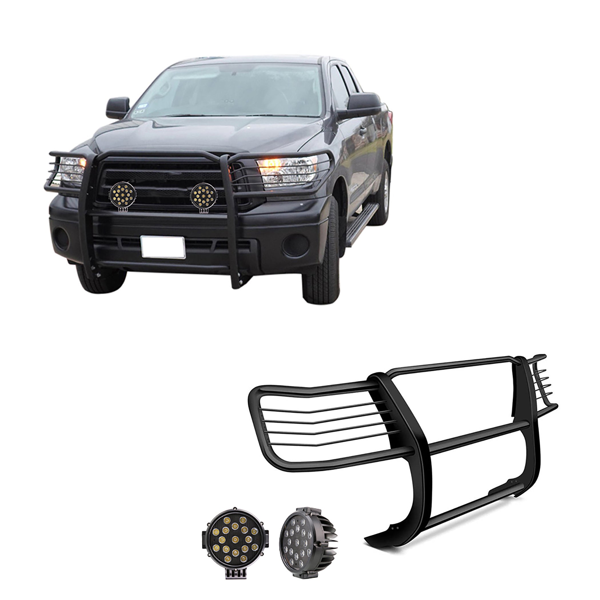 2004-2006 Toyota Tundra Grille Guard Kit Modular Incl. pair of 7.0"Dia.  LED  Lights w/ Black Trim Rings w/ Wiring Harness and Switch | Black Horse Off Road - Image 1