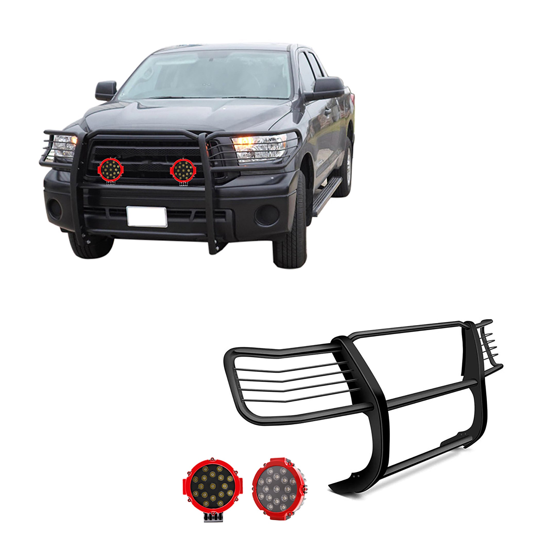 2004-2006 Toyota Tundra Grille Guard Kit Modular Incl. pair of 7.0"Dia.  LED  Lights w/Red Trim Rings w/ Wiring Harness and Switch | Black Horse Off Road - Image 1