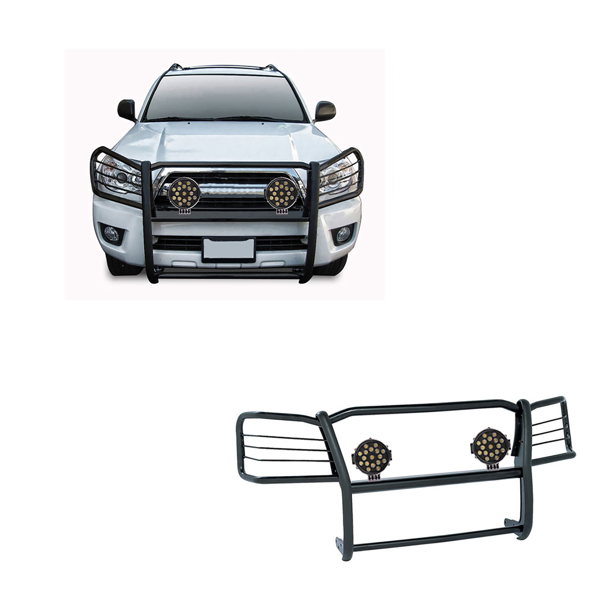 2003-2009 Lexus Gx470 / Toyota 4Runner Grille Guard Kit Modular Incl. pair of 7.0"Dia.  LED  Lights w/ Black Trim Rings w/ Wiring Harness and Switch | Black Horse Off Road - Image 1