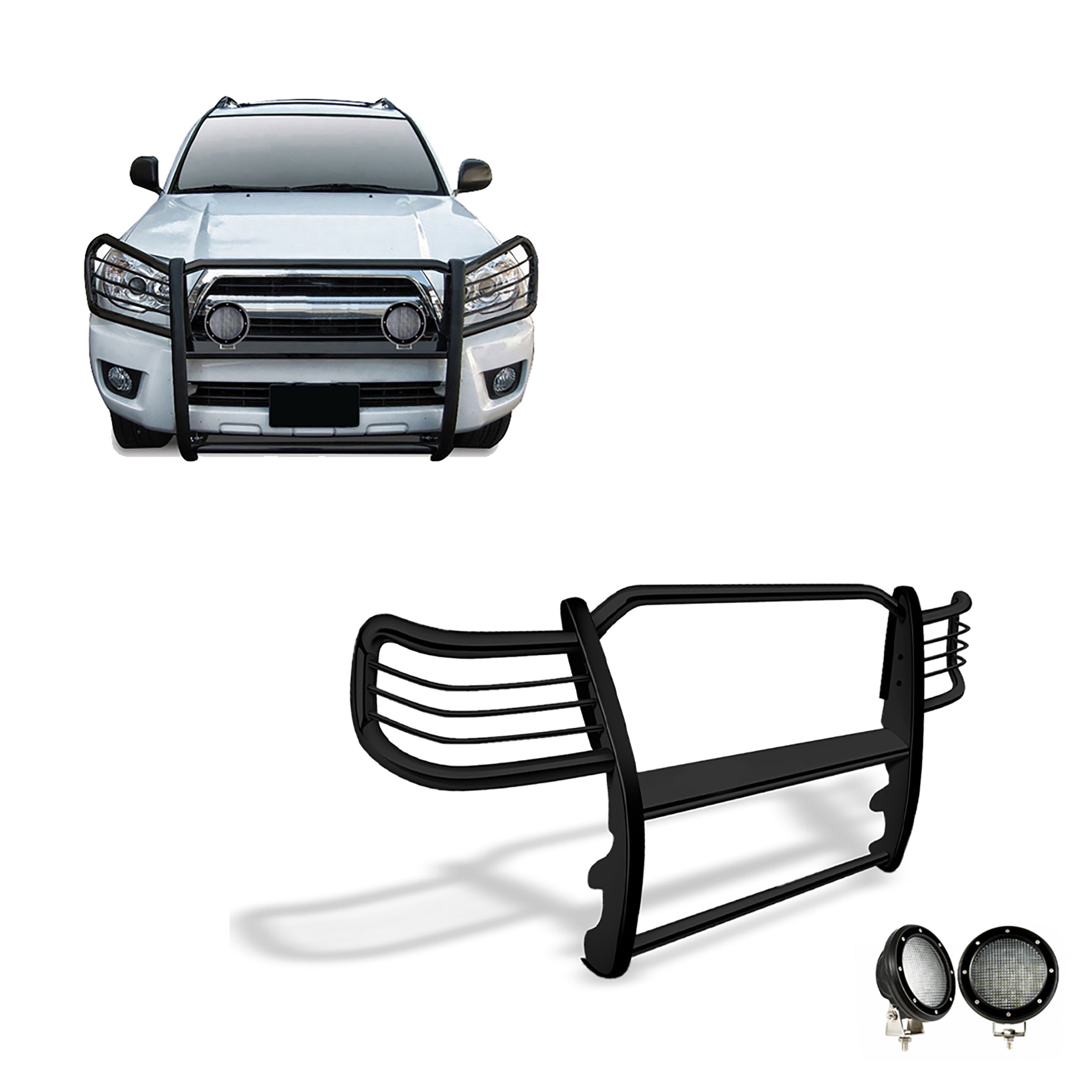 2003-2009 Lexus Gx470 / Toyota 4Runner Grille Guard Kit Modular Pair  of 5.3" Dia. LED Flood Lights w/ Black Trim Rings Wiring Harness  and Switch | Black Horse Off Road - Image 1