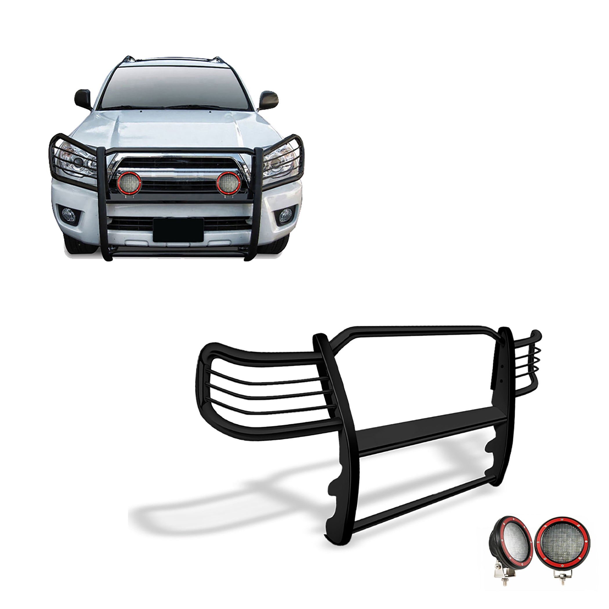 2003-2009 Lexus Gx470 / Toyota 4Runner Grille Guard Kit Modular Pair  of 5.3" Dia. LED Flood Lights w/ Red Trim Rings Wiring Harness  and Switch | Black Horse Off Road - Image 1