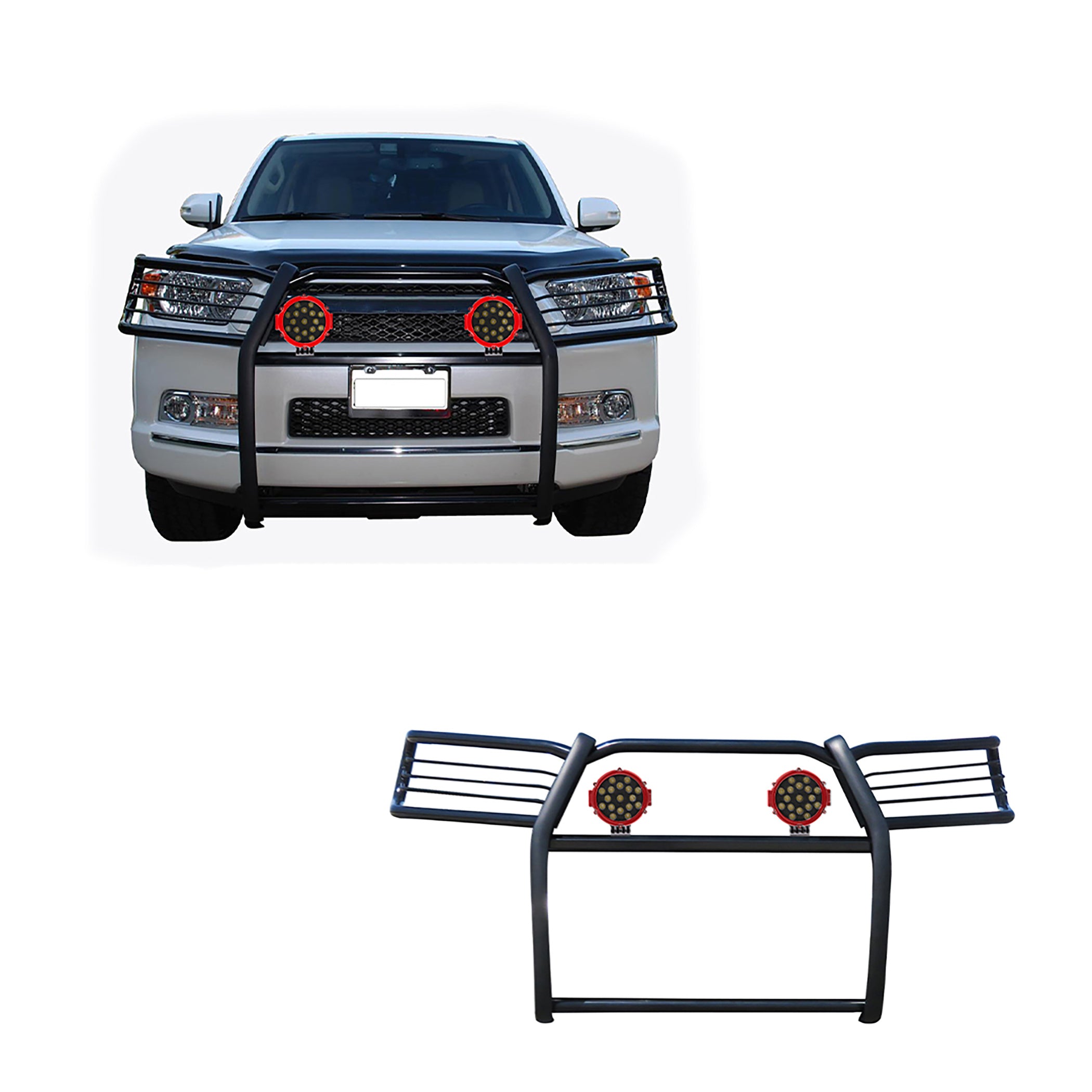 2010-2024 Toyota 4Runner Grille Guard Kit Modular Incl. pair of 7.0"Dia.  LED  Lights w/Red Trim Rings w/ Wiring Harness and Switch | Black Horse Off Road - Image 1