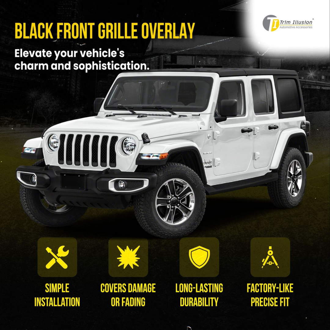2018-2023 Jeep Wrangler Sahara/Rubicon 7 PCS Gloss Black Tape-on Patented Grille Overlay