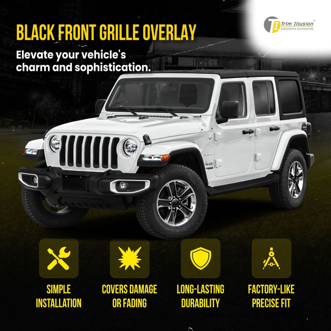 2018-2023 Jeep Wrangler 7 PCS Gloss Black Snap-on W/Tape Patented Grille Overlay