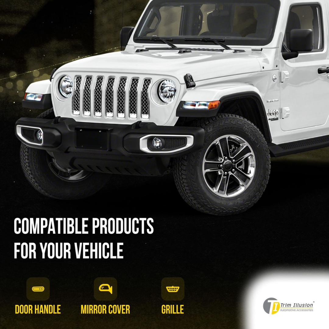 2018-2023 Jeep Wrangler Sahara/Rubicon Does not fit grille with Camera 7 PCS Chrome Tape-on Patented Grille Overlay