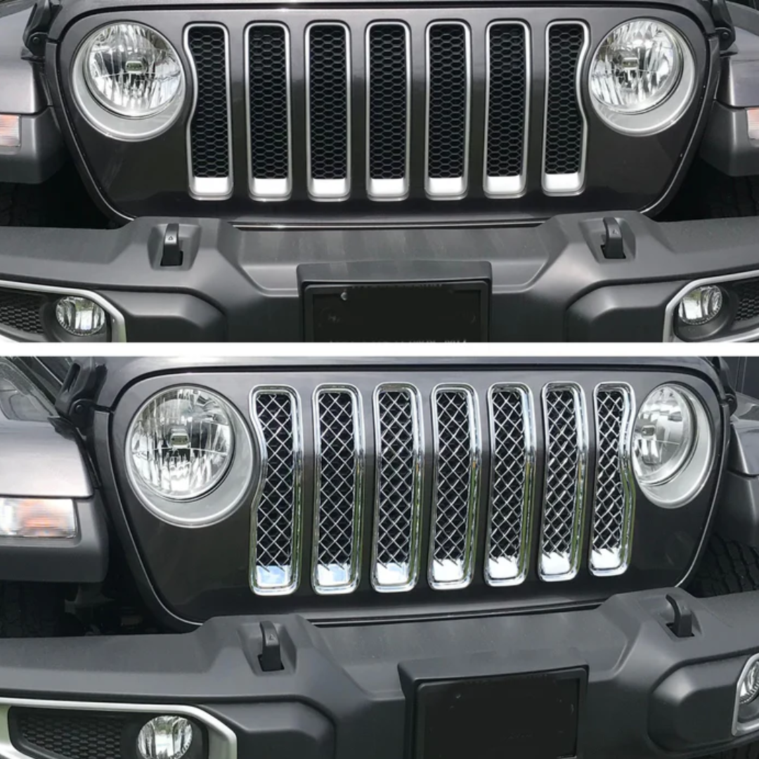 2018-2023 Jeep Wrangler Sahara/Rubicon Does not fit grille with Camera 7 PCS Chrome Tape-on Patented Grille Overlay