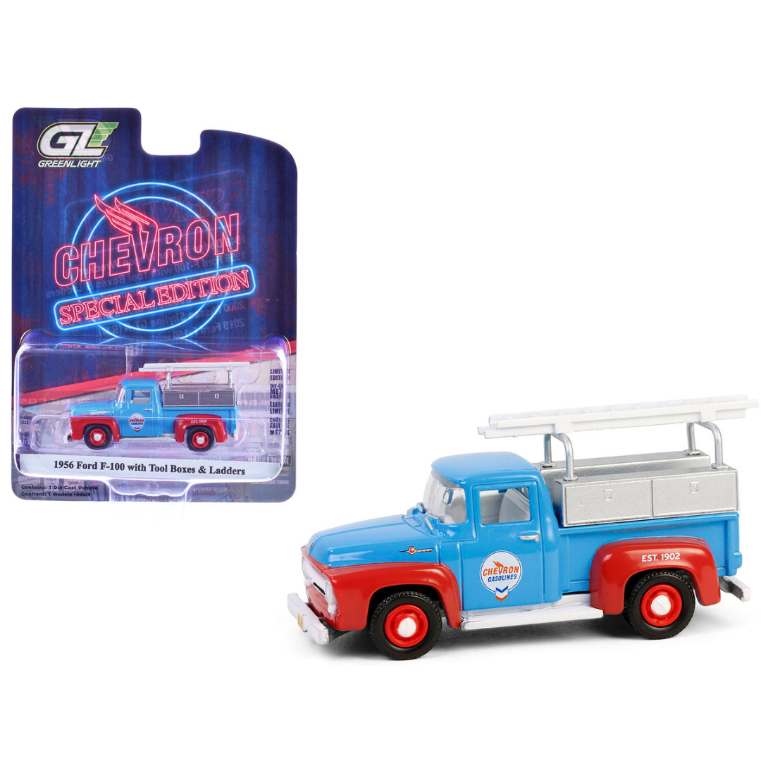 1956 Ford F-100 Pickup Truck with Tool Boxes and Ladders "Chevron" Blue and Red "Chevron Special Edition" Series 1 1/64 Diecast Model Car