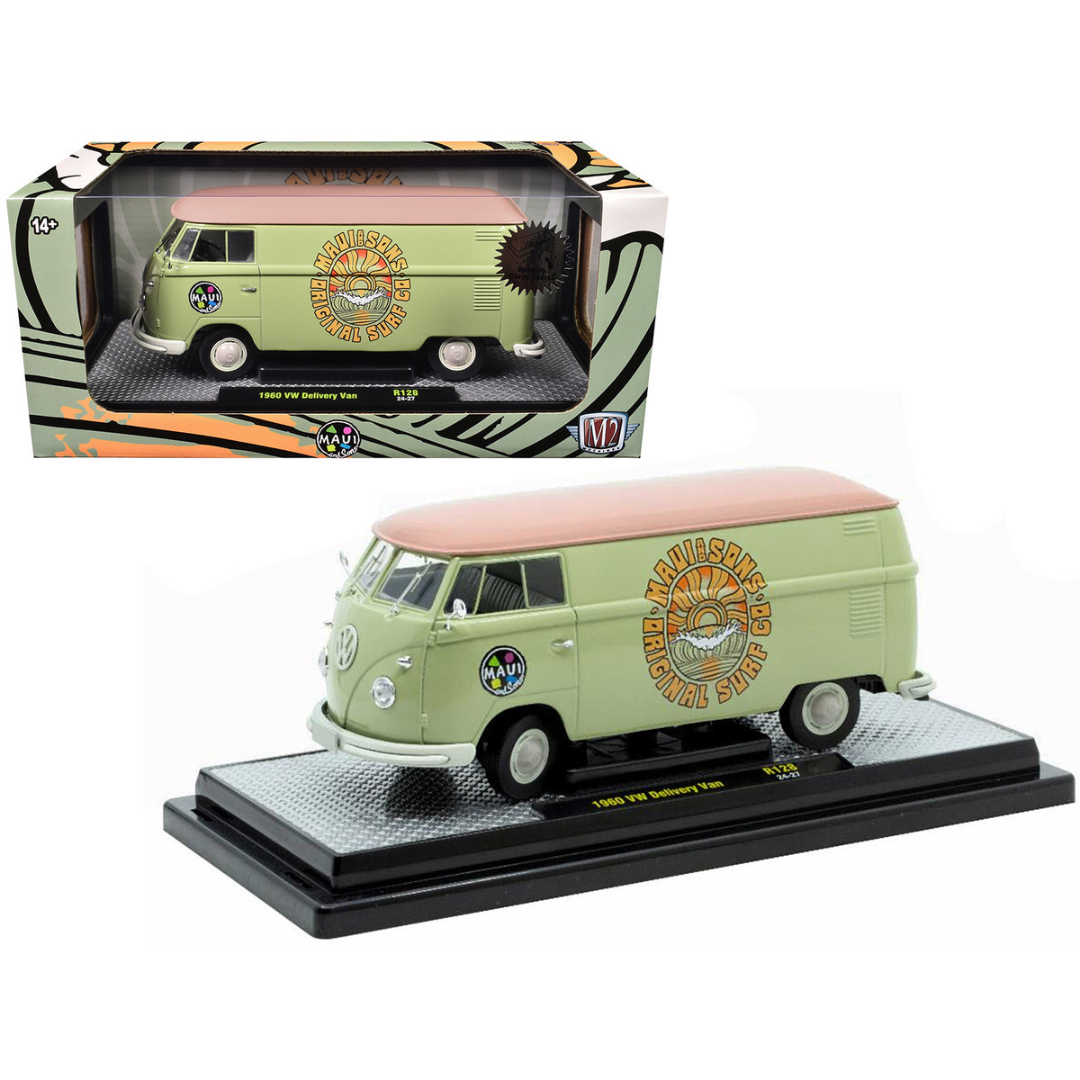 1960 Volkswagen Delivery Van "Maui & Sons" Light Olive Green with Salmon Top Limited Edition to 6650 pieces Worldwide 1/24 Diecast Model Car