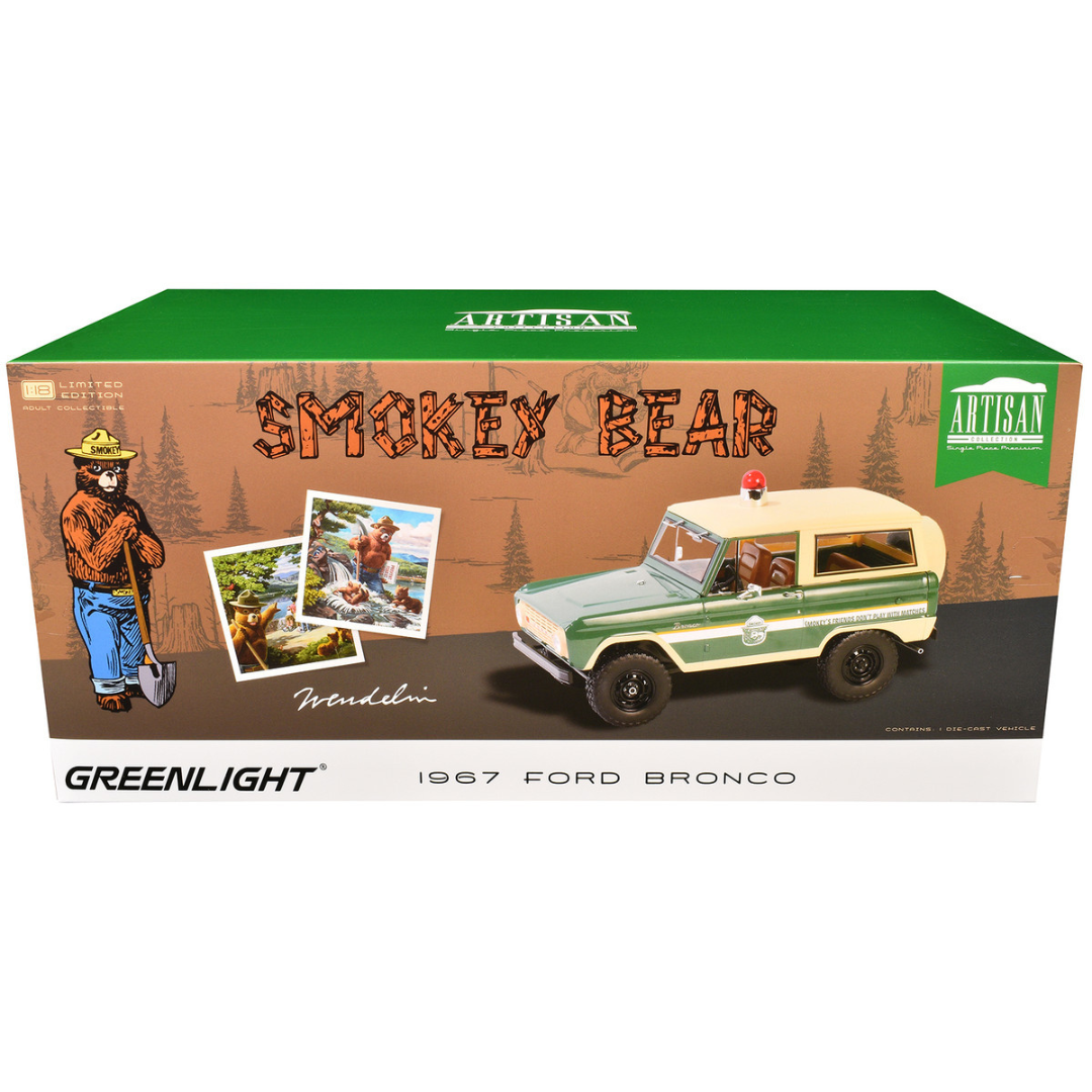 1967 Ford Bronco "Smokey Bear Forest Ranger" Green and Cream with White Stripes "Artisan Collection" 1/18 Diecast Model Car