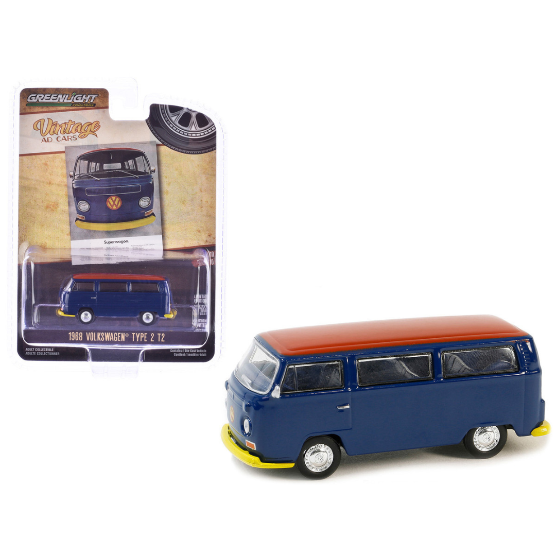 1968 Volkswagen Type 2 T2 Van Blue with Red Top "Vintage Ad Cars" Series 10 1/64 Diecast Model Car