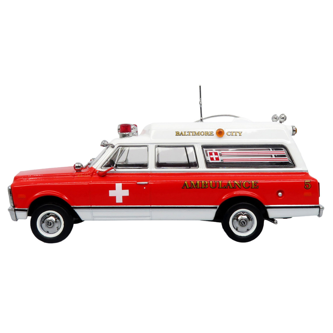 1969 Chevrolet C-10 Ambulance "Baltimore City Fire Department" White and Red "5 Alarm" Series Limited Edition 1/50 Diecast Model