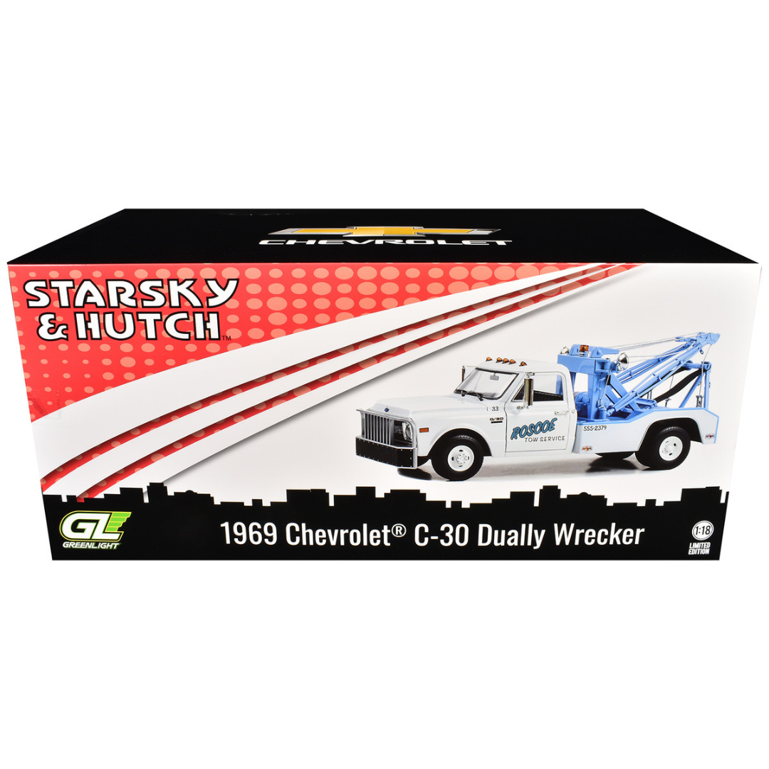 1969 Chevrolet C-30 Dually Wrecker Tow Truck "Roscoe Tow Service" White "Starsky and Hutch" (1975-1979) TV Series 1/18 Diecast Model Car