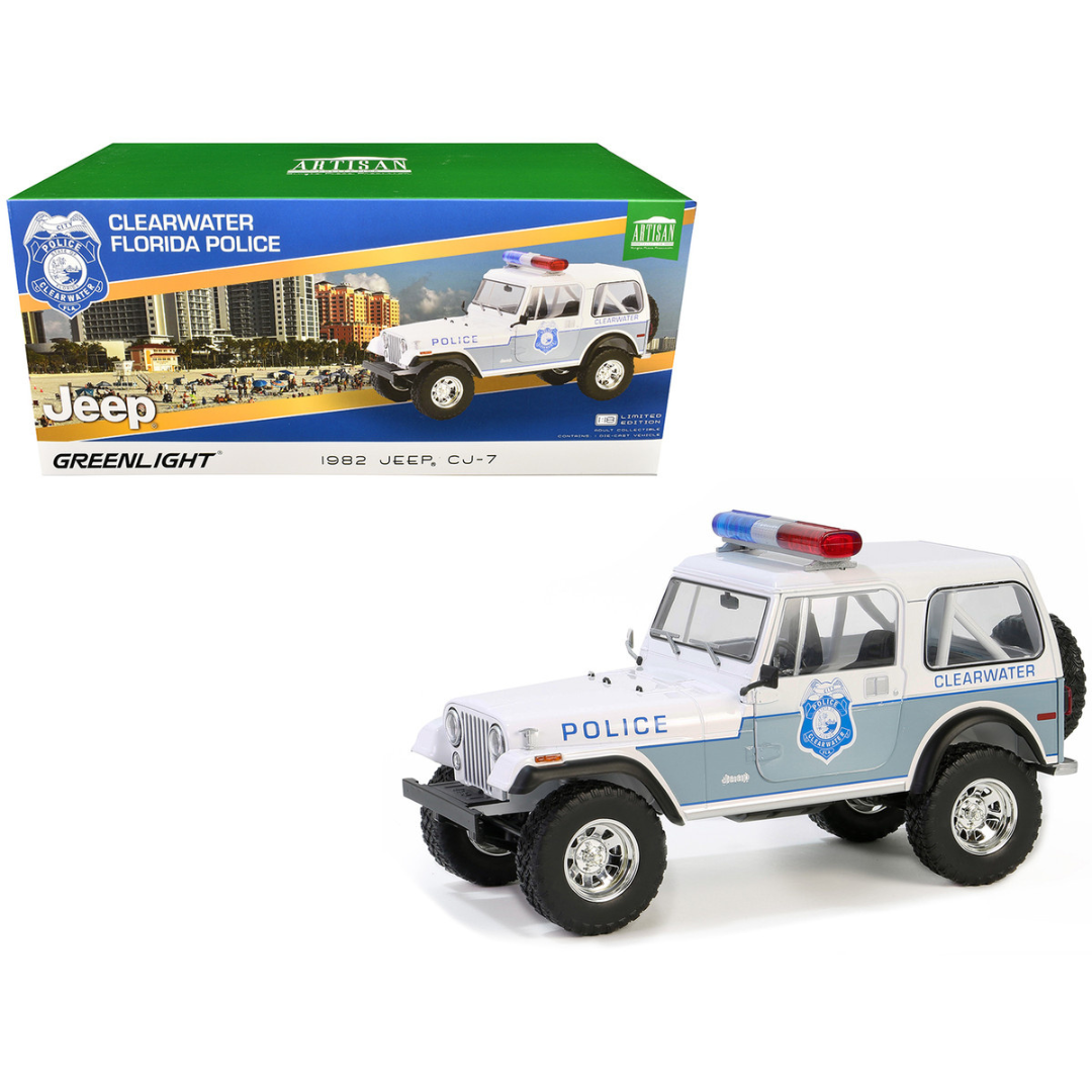 1982 Jeep CJ-7 "Clearwater Florida Police Department" White and Light Blue "Artisan Collection" Series 1/18 Diecast Model Car
