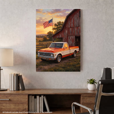 Chevy C10 Orange and White Barn with US Flag Canvas Wall Art