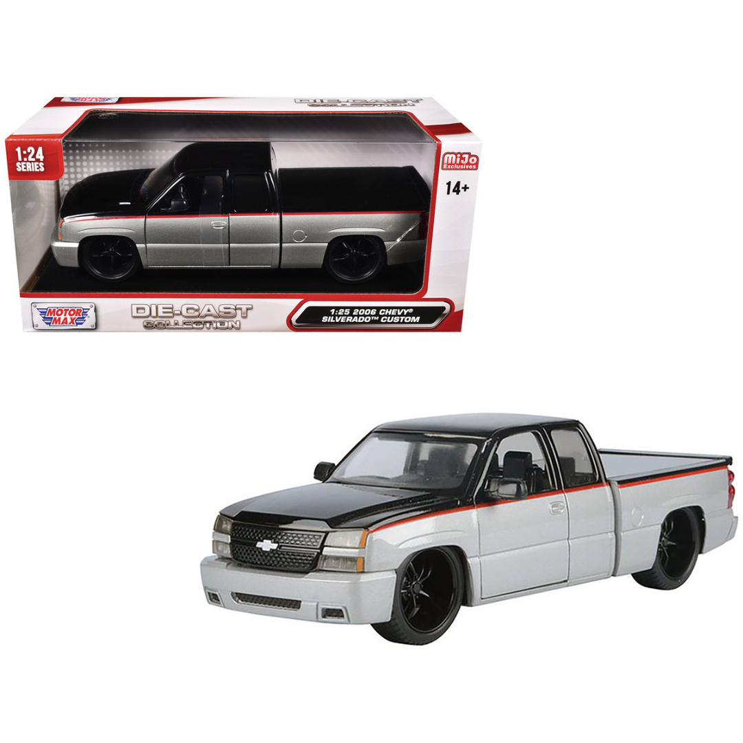 2006 Chevrolet Silverado Custom Pickup Truck Silver Metallic and Black with Red Stripes "Die-Cast Collection" Series 1/25 Diecast Model Car
