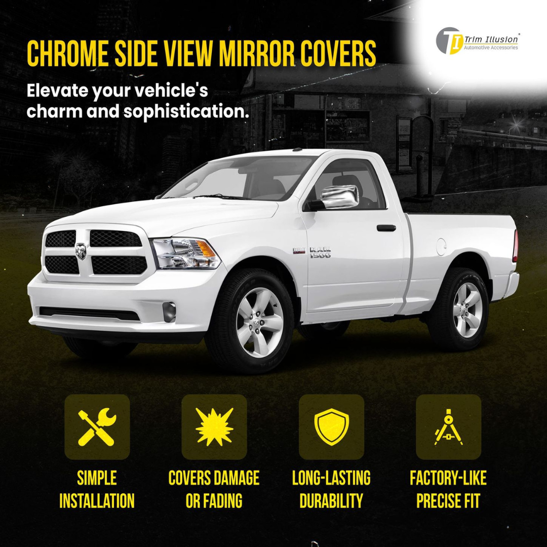 2009-2010 Dodge Ram 1500, 11-18 Ram 1500, 19-23 Ram 1500 Classic 2 PCS No Turn Signal Full Chrome Tape-on Mirror Cover
