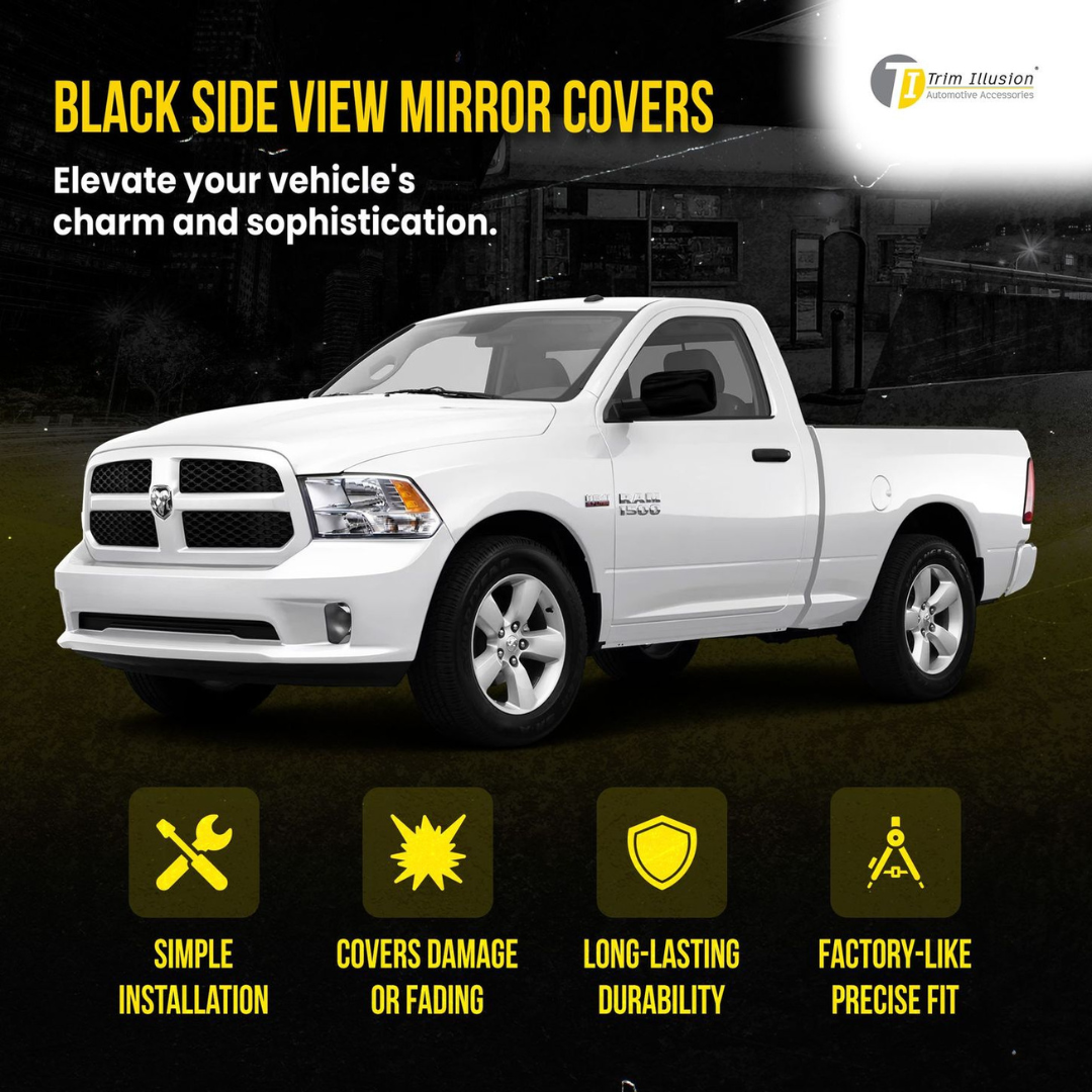 2009-2010 Dodge Ram 1500, 11-18 Ram 1500, 19-23 Ram 1500 Classic 2 PCS No Turn Signal Full Gloss Black Tape-on Mirror Cover