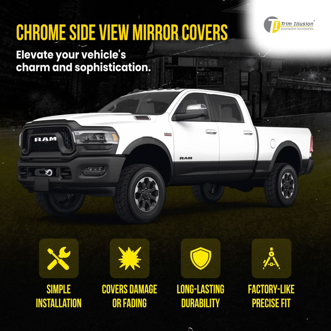 2010 Dodge Ram 2500/Ram 3500, 11-22 Ram 2500/3500 Non-Tow Style 2 PCS With Turn Signal Top Chrome Tape-on Mirror Cover