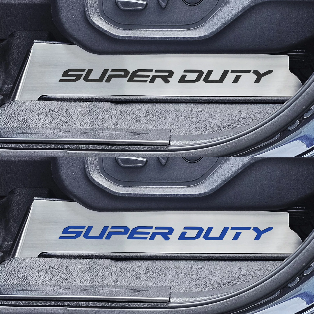 2017-2022 Ford F250 Brushed Stainless Lower Seat Vanity Plate w/"Super Duty" Logo 2pc | Select Inlay
