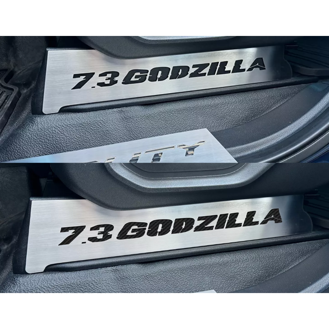 2017-2022 Ford F250 Brushed Stainless Lower Seat Vanity Plate with "7.3 Godzilla" Logo 2pc | Select Inlay