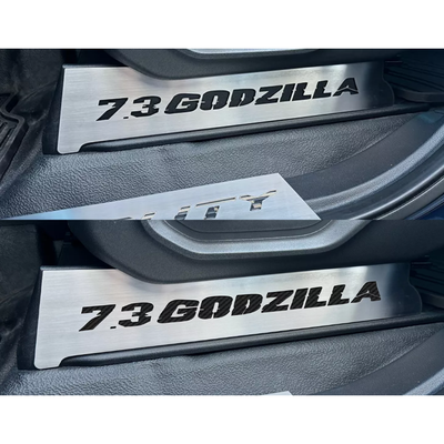 2017-2022 Ford F250 Brushed Stainless Lower Seat Vanity Plate with "7.3 Godzilla" Logo 2pc | Select Inlay
