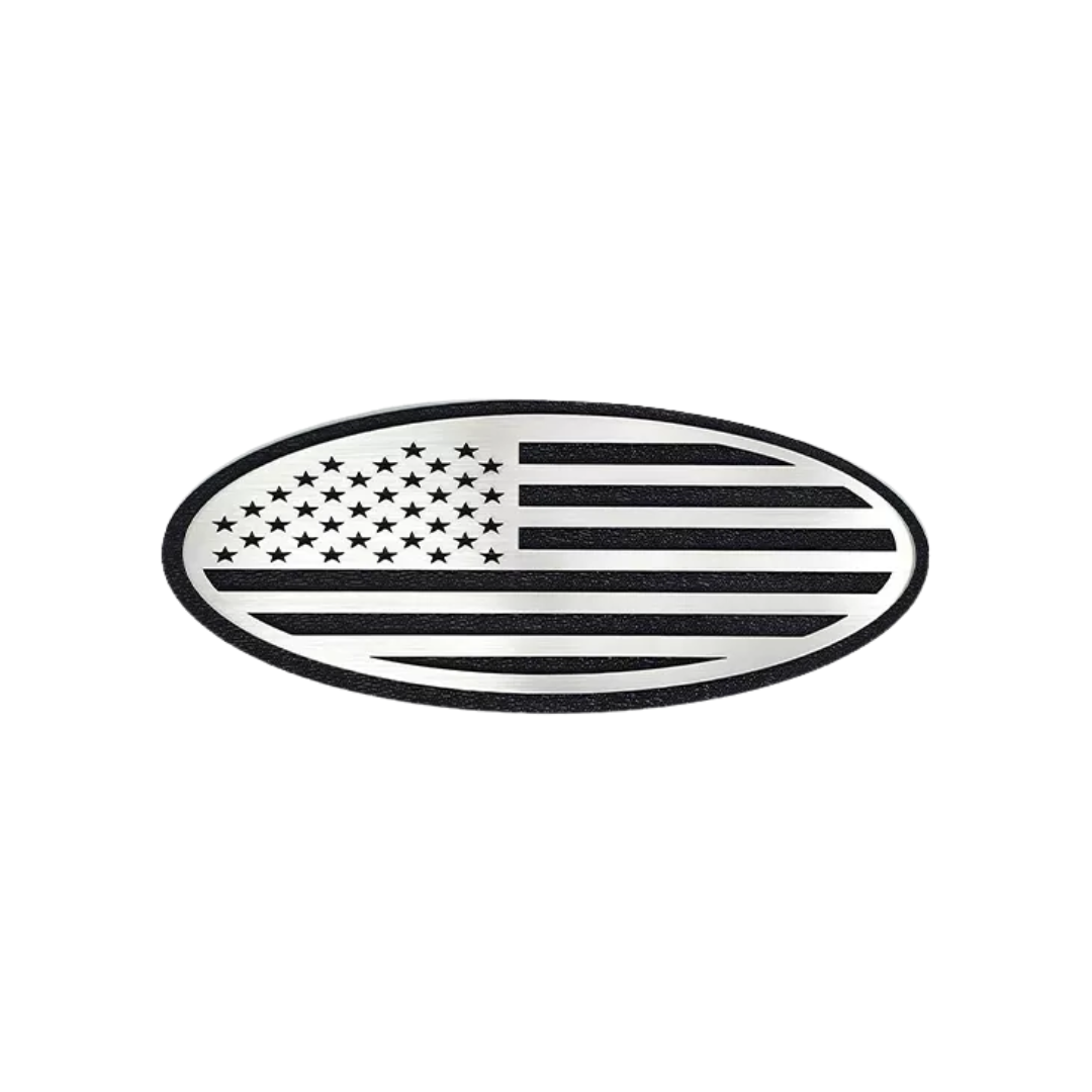 1999-2007 Ford F-250/F-350 Super Duty Tailgate Emblem Replacement Black ABS Base w/ Brushed American Flag Top Plate - American Car Craft