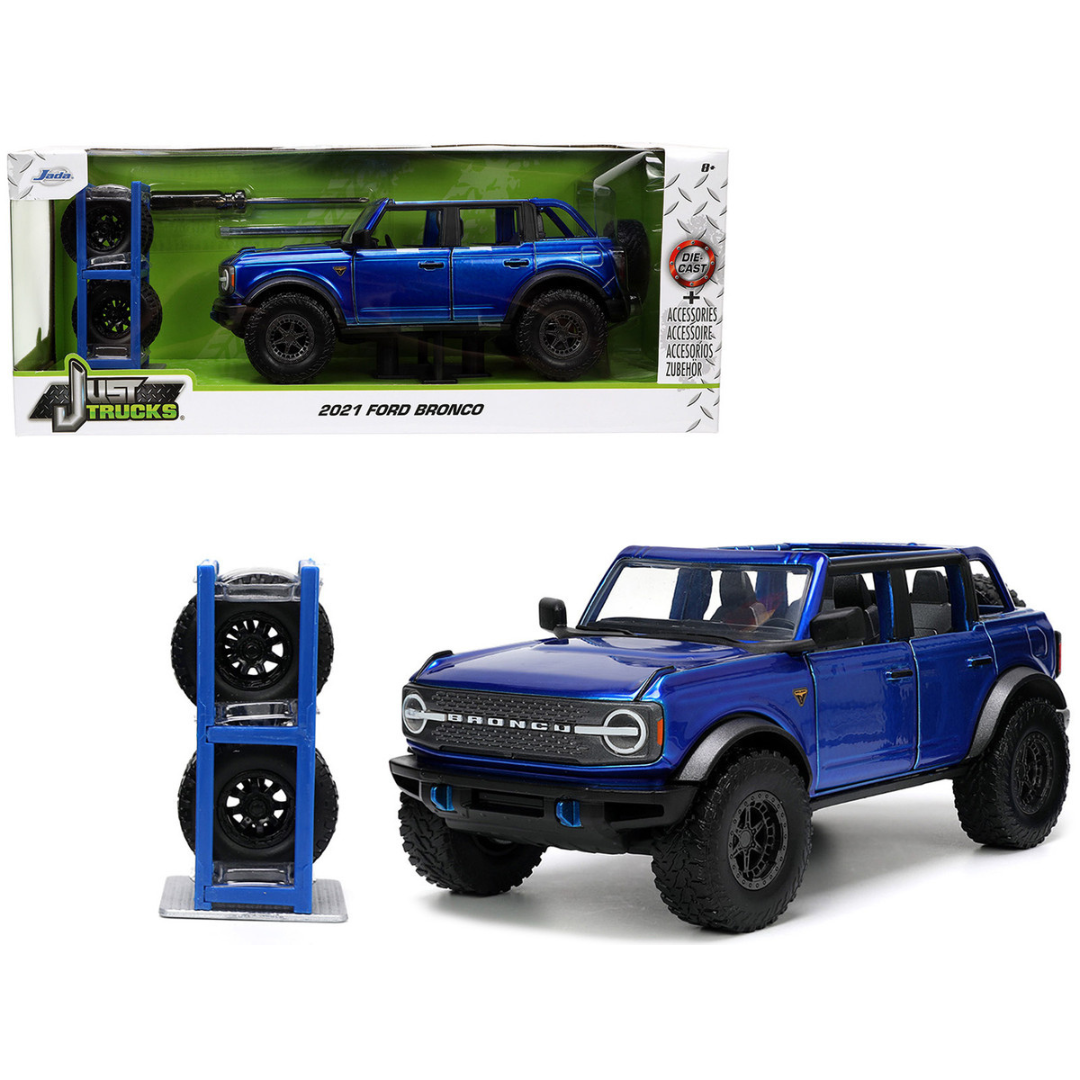 2021 Ford Bronco Open-Top Candy Blue Metallic with Extra Wheels "Just Trucks" Series 1/24 Diecast Model Car