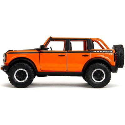 2021 Ford Bronco Open-Top Orange with Black Stripes and Hood with Extra Wheels "Just Trucks" Series 1/24 Diecast Model Car