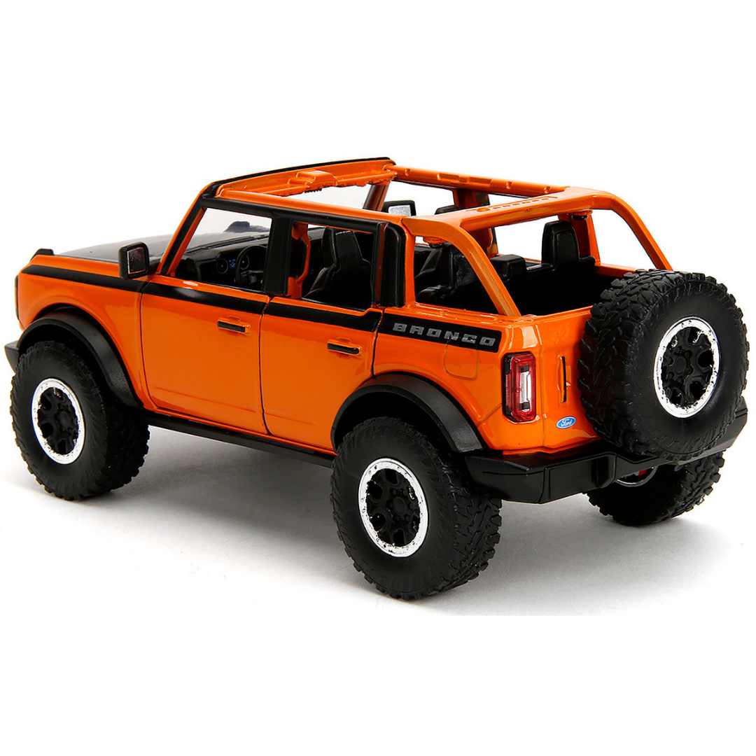 2021 Ford Bronco Open-Top Orange with Black Stripes and Hood with Extra Wheels "Just Trucks" Series 1/24 Diecast Model Car