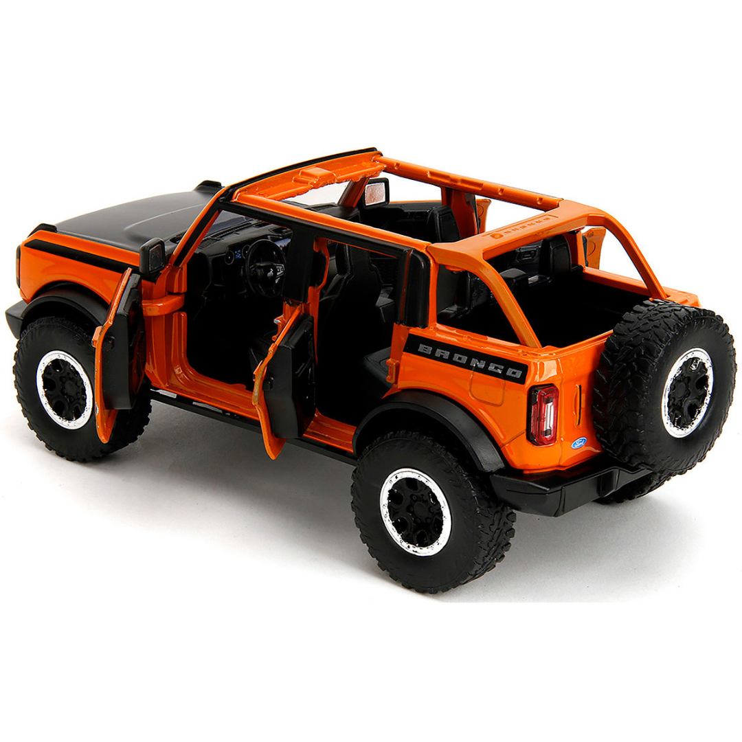 2021 Ford Bronco Open-Top Orange with Black Stripes and Hood with Extra Wheels "Just Trucks" Series 1/24 Diecast Model Car