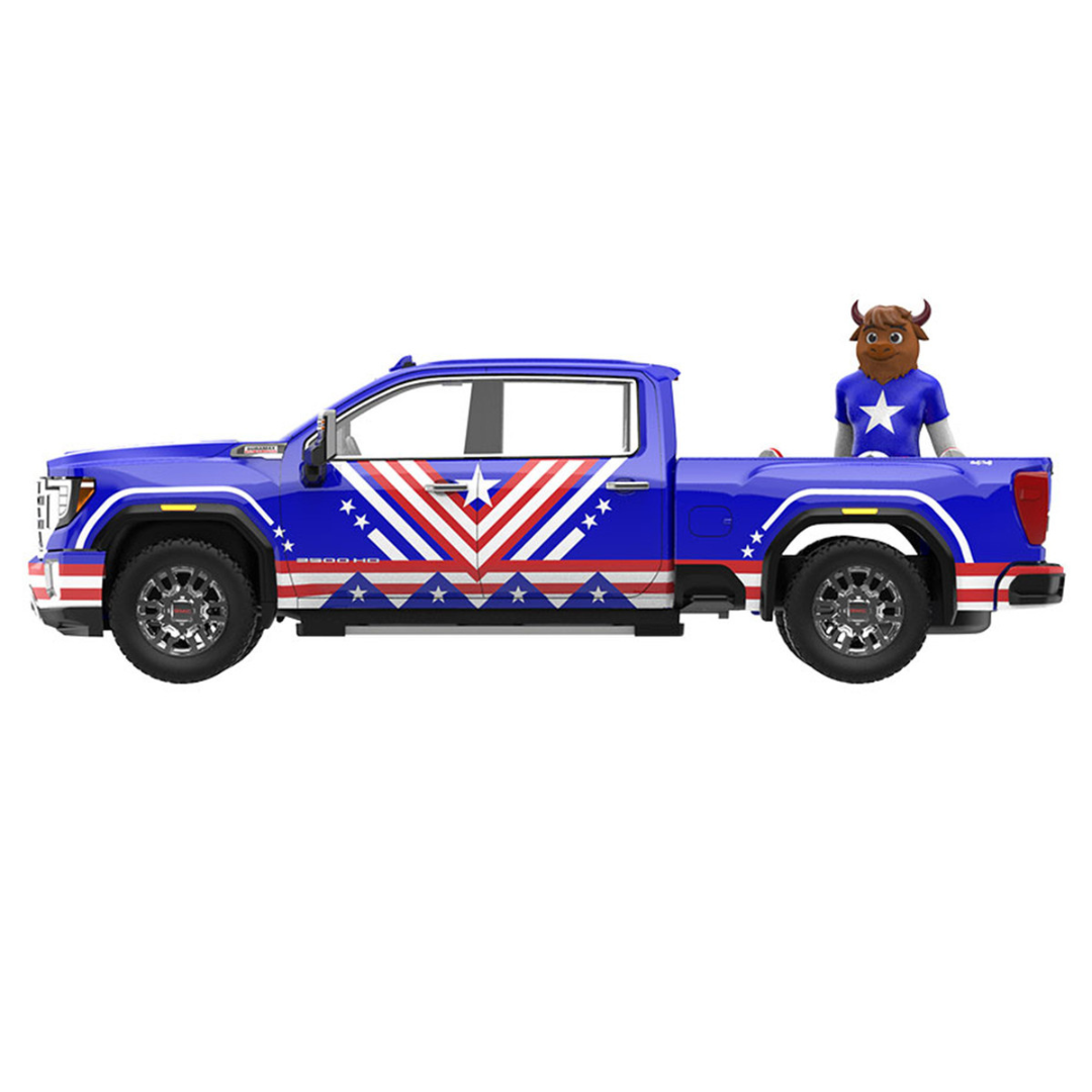 2022 GMC Sierra 3500 HD Pickup Truck Blue with American Soccer Graphics with Bison Figure "International Soccer Celebration '26" Series 1/64 Diecast Model Car