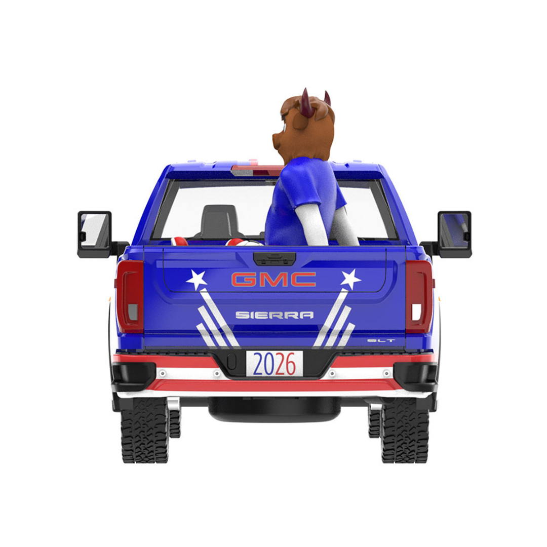 2022 GMC Sierra 3500 HD Pickup Truck Blue with American Soccer Graphics with Bison Figure "International Soccer Celebration '26" Series 1/64 Diecast Model Car
