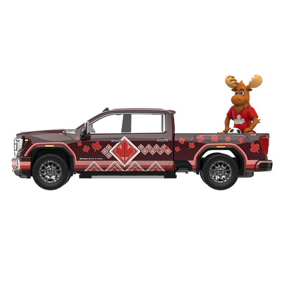 2022 GMC Sierra 3500 HD Pickup Truck Dark Red with Canadian Soccer Graphics with Moose Figure "International Soccer Celebration '26" Series 1/64 Diecast Model Car