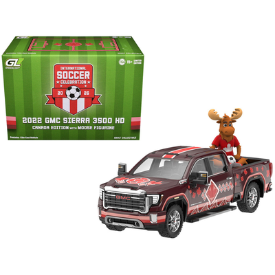 2022 GMC Sierra 3500 HD Pickup Truck Dark Red with Canadian Soccer Graphics with Moose Figure "International Soccer Celebration '26" Series 1/64 Diecast Model Car