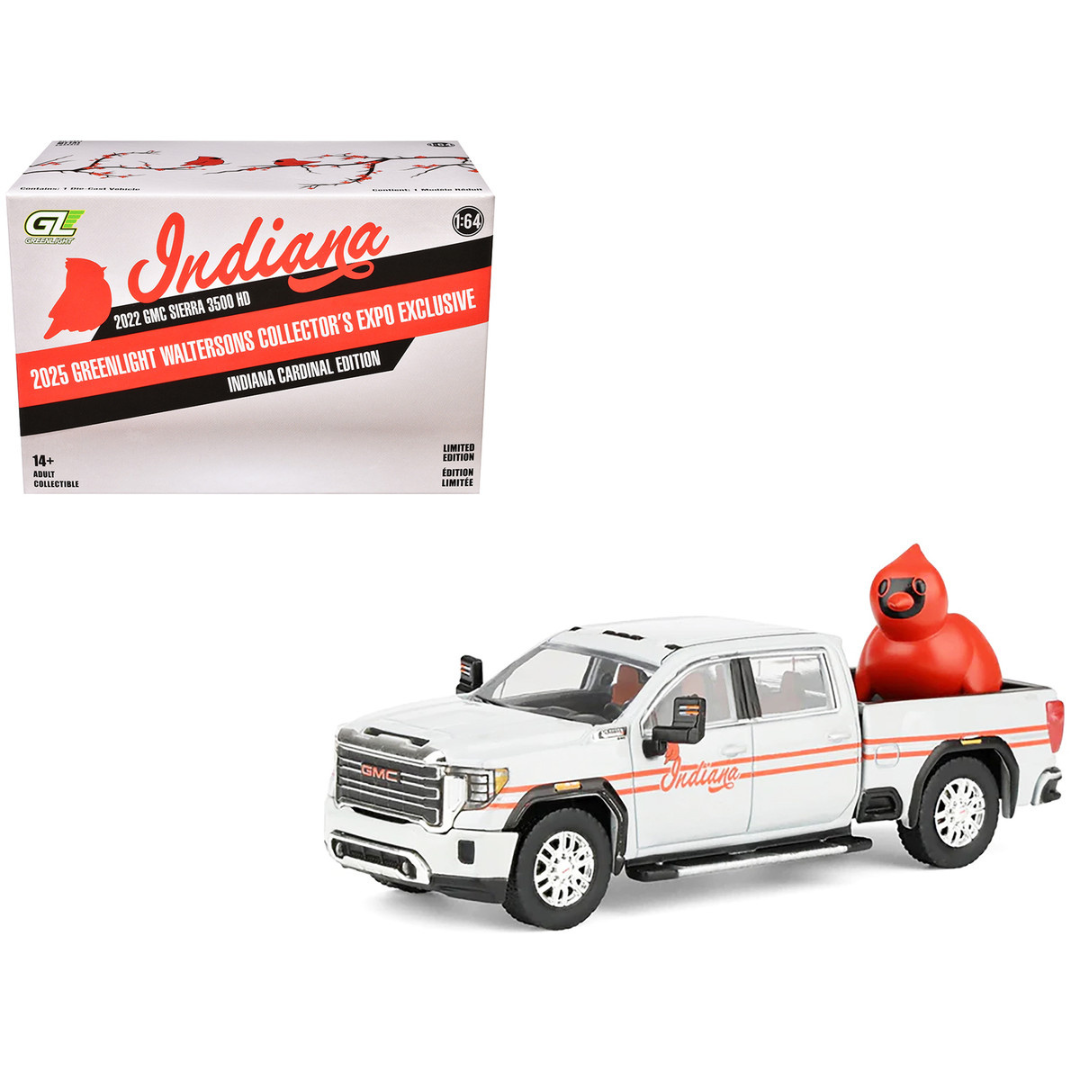 2022 GMC Sierra 3500 HD Pickup Truck "Indiana Cardinals" Silver Metallic with Red Stripes and Cardinal Figure "2025 Greenlight Waltersons Collector's Expo Exclusive" 1/64 Diecast Model Car
