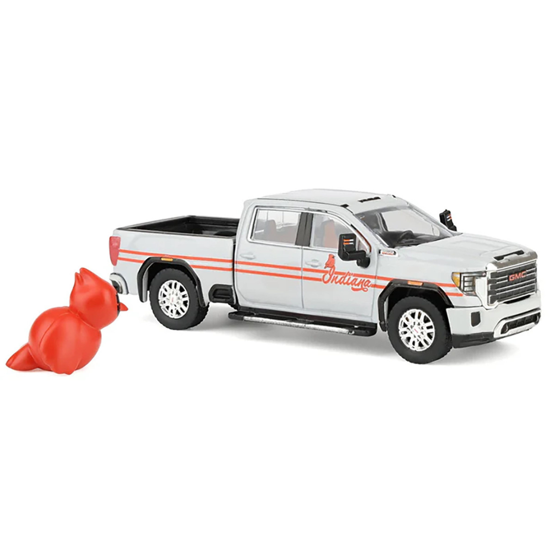2022 GMC Sierra 3500 HD Pickup Truck "Indiana Cardinals" Silver Metallic with Red Stripes and Cardinal Figure "2025 Greenlight Waltersons Collector's Expo Exclusive" 1/64 Diecast Model Car