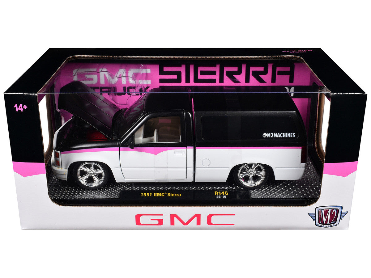 1991 GMC Sierra Pickup Truck with Camper Shell Black and White with Pink Stripes Limited Edition to 4850 pieces Worldwide 1/24 Diecast Model Car
