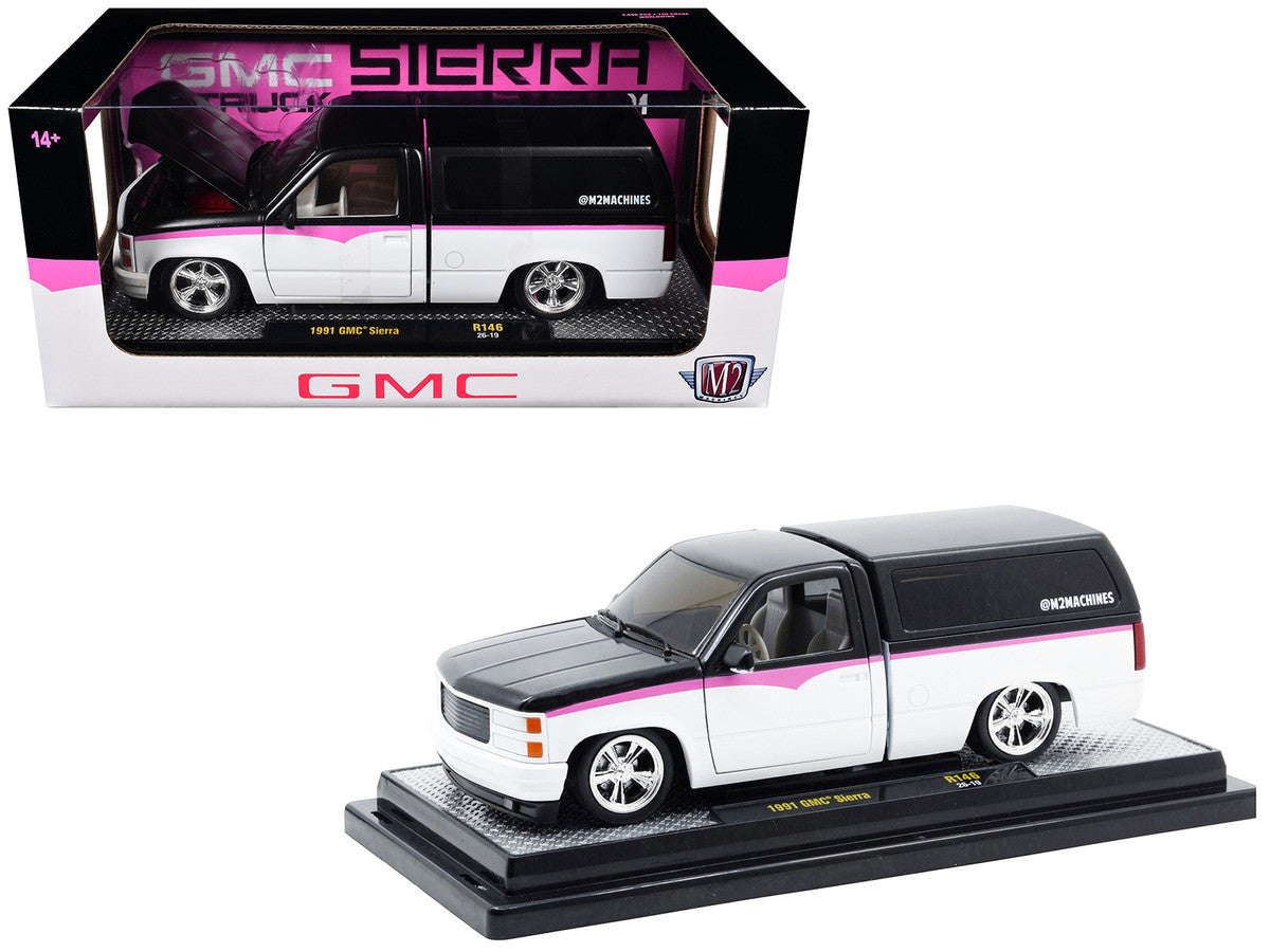 1991 GMC Sierra Pickup Truck with Camper Shell Black and White with Pink Stripes Limited Edition to 4850 pieces Worldwide 1/24 Diecast Model Car