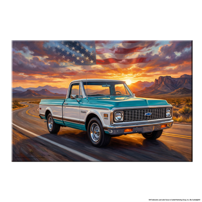 Chevy C10 Blue and White Americana Highway Canvas Wall Art