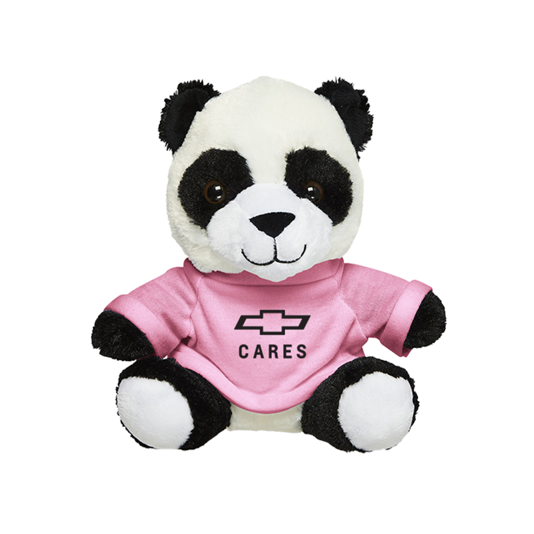7 inch Chevy Cares plush panda bear in a pink logo t-shirt