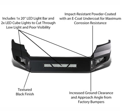 2015-2020 Chevrolet Colorado Armour Heavy Duty Front Bumper Kit Armour I Front Bumper Includes 1 20in LED Light Bar, 2 sets of 4in cube lights | Black Horse Off Road - Image 6