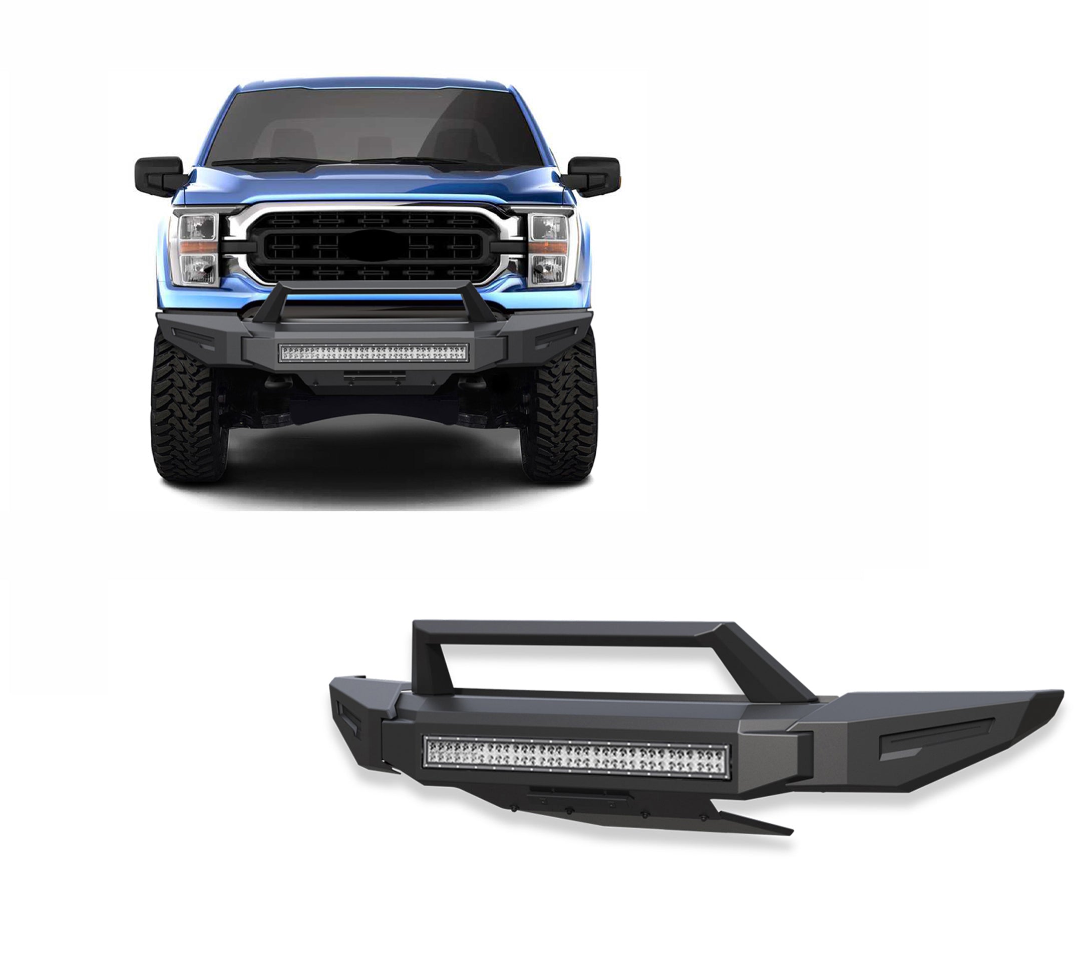 2021-2023 Ford F-150 Armour Ii Heavy Duty Modular Front Bumper Kit Modular Full Set (Bumper, Bull Nose, & Skid Plate) & Includes 1 30in Double Row LED Light Bar | Black Horse Off Road - Image 1